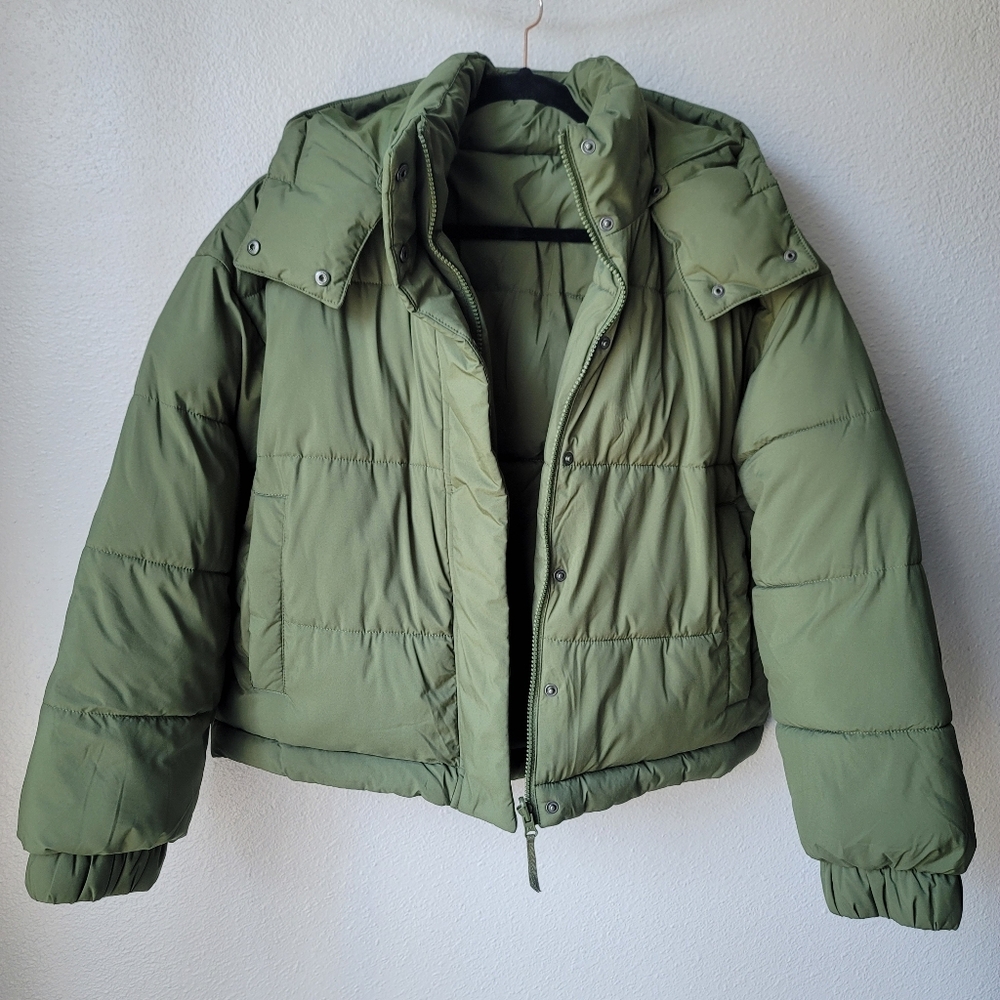American Eagle The Big Puffy Reversible Hooded Coat Size Medium In Olive - Picture 4 of 14